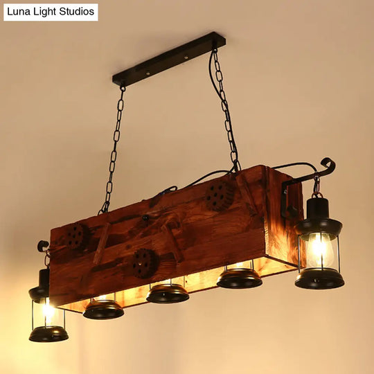 Nautical Lantern Iron Ceiling Light Fixture - Restaurant Chandelier In Wood 5 /