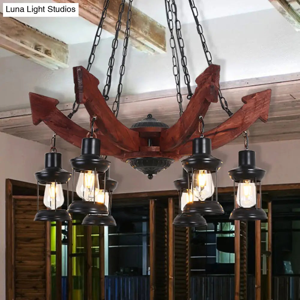 Nautical Lantern Iron Ceiling Light Fixture - Restaurant Chandelier In Wood