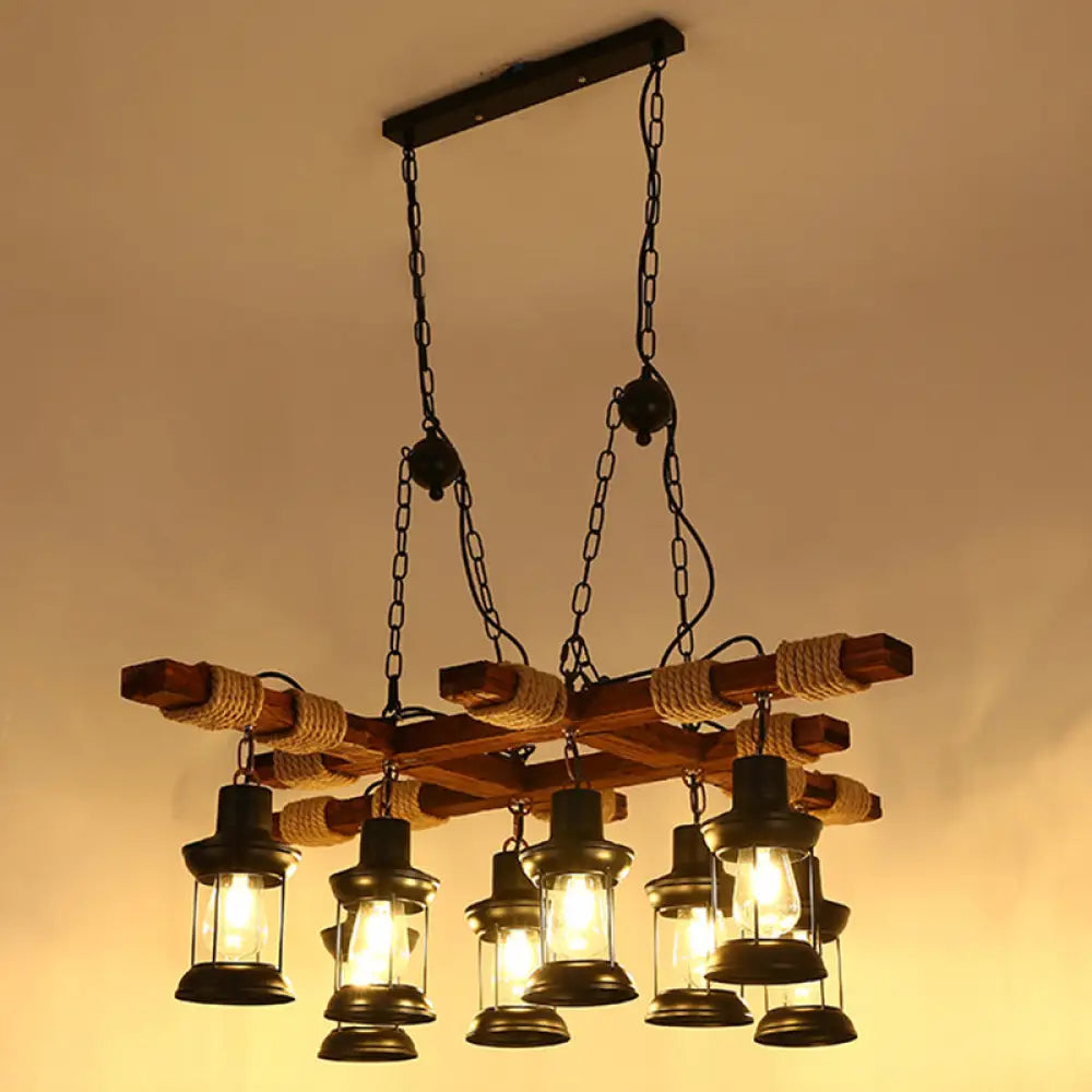 Nautical Restaurant Chandelier With Lantern Iron Ceiling Fixture In Wood 8 /