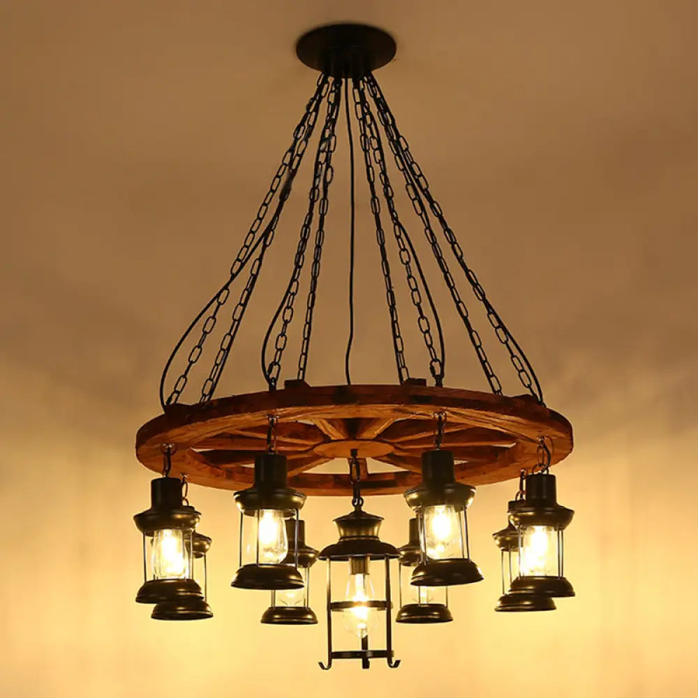 Nautical Restaurant Chandelier With Lantern Iron Ceiling Fixture In Wood 9 /