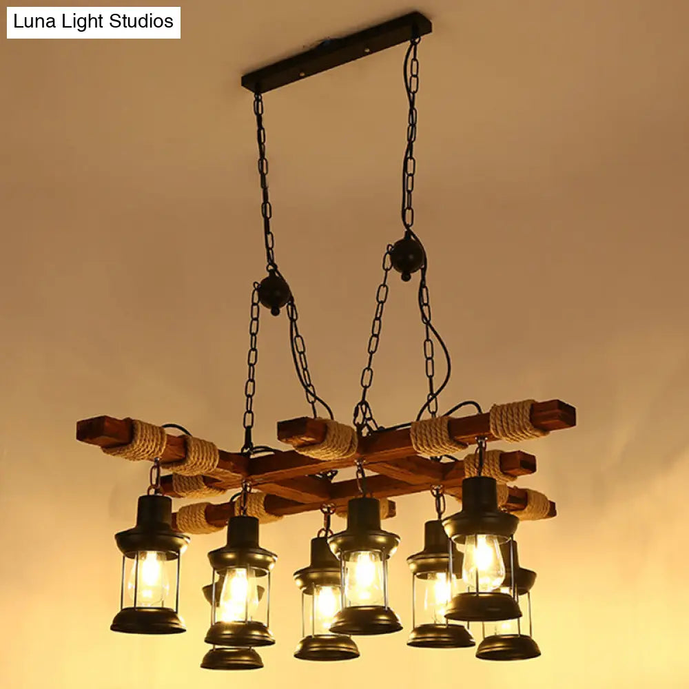Nautical Lantern Iron Ceiling Light Fixture - Restaurant Chandelier In Wood 8 /