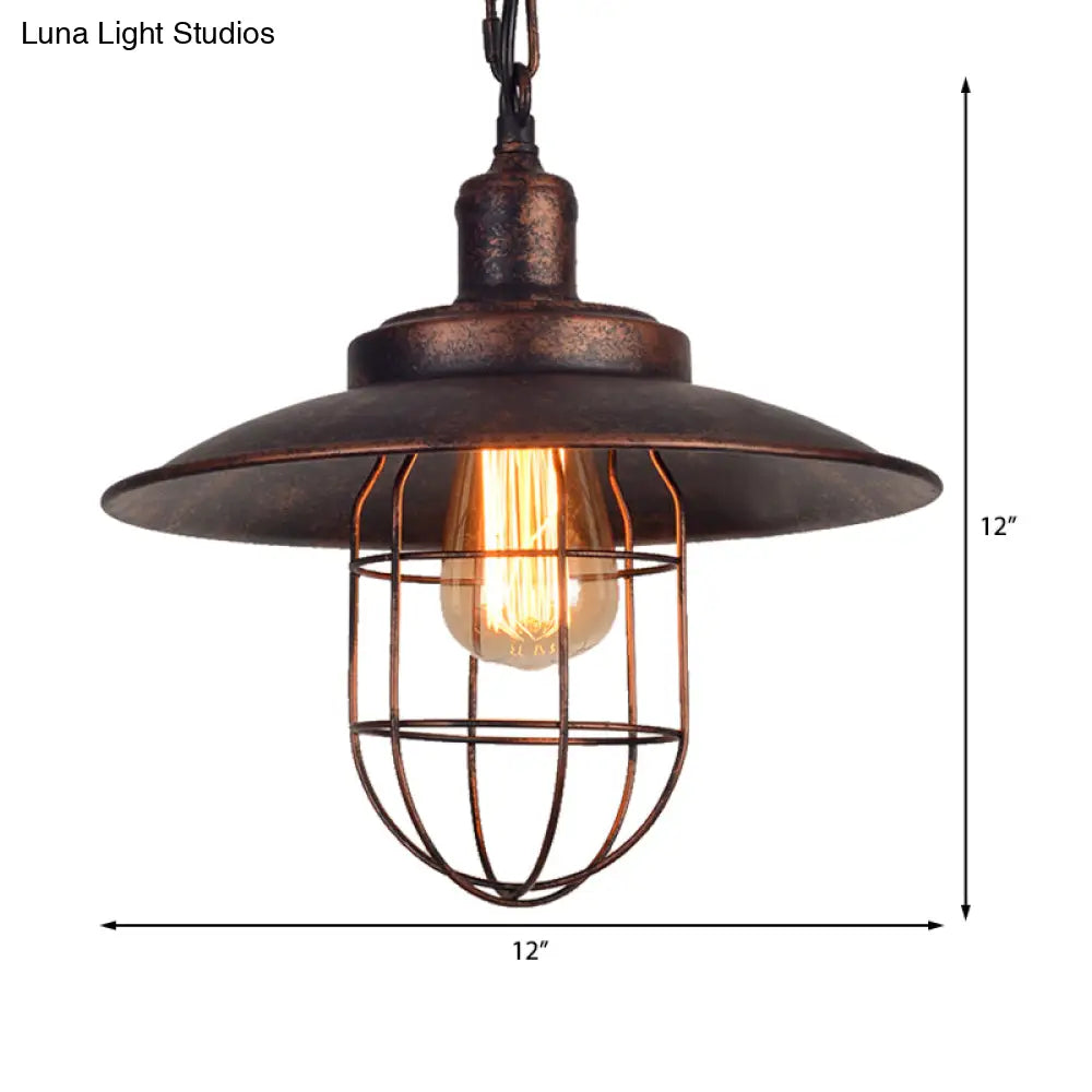 Nautical Rustic Saucer Pendant Light With Cage Shade - Wrought Iron Ceiling Fixture