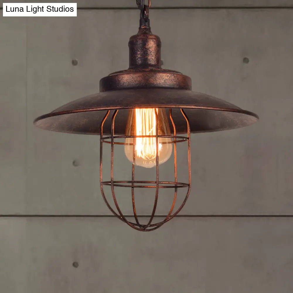 Nautical Saucer Ceiling Light With Cage Shade - Rustic Wrought Iron Pendant