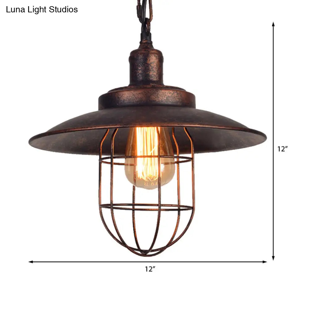 Nautical Saucer Ceiling Light With Cage Shade - Rustic Wrought Iron Pendant