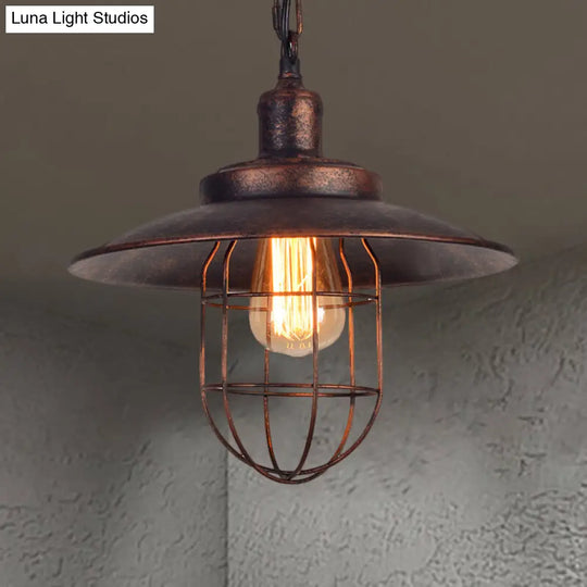 Nautical Saucer Ceiling Light With Cage Shade - Rustic Wrought Iron Pendant Rust