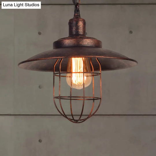 Nautical Rustic Saucer Pendant Light With Cage Shade - Wrought Iron Ceiling Fixture