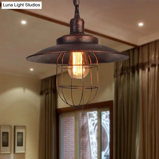 Nautical Saucer Ceiling Light With Cage Shade - Rustic Wrought Iron Pendant