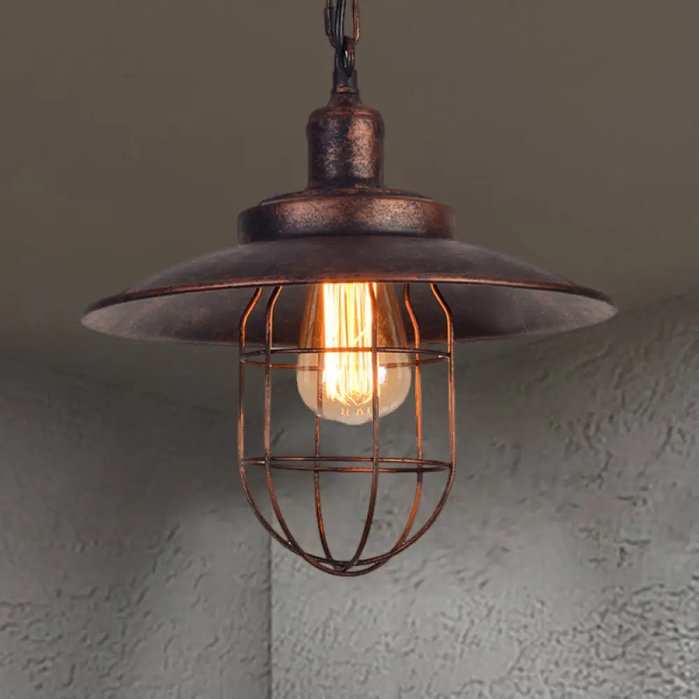 Nautical Rustic Saucer Pendant Light With Cage Shade - Wrought Iron Ceiling Fixture Rust