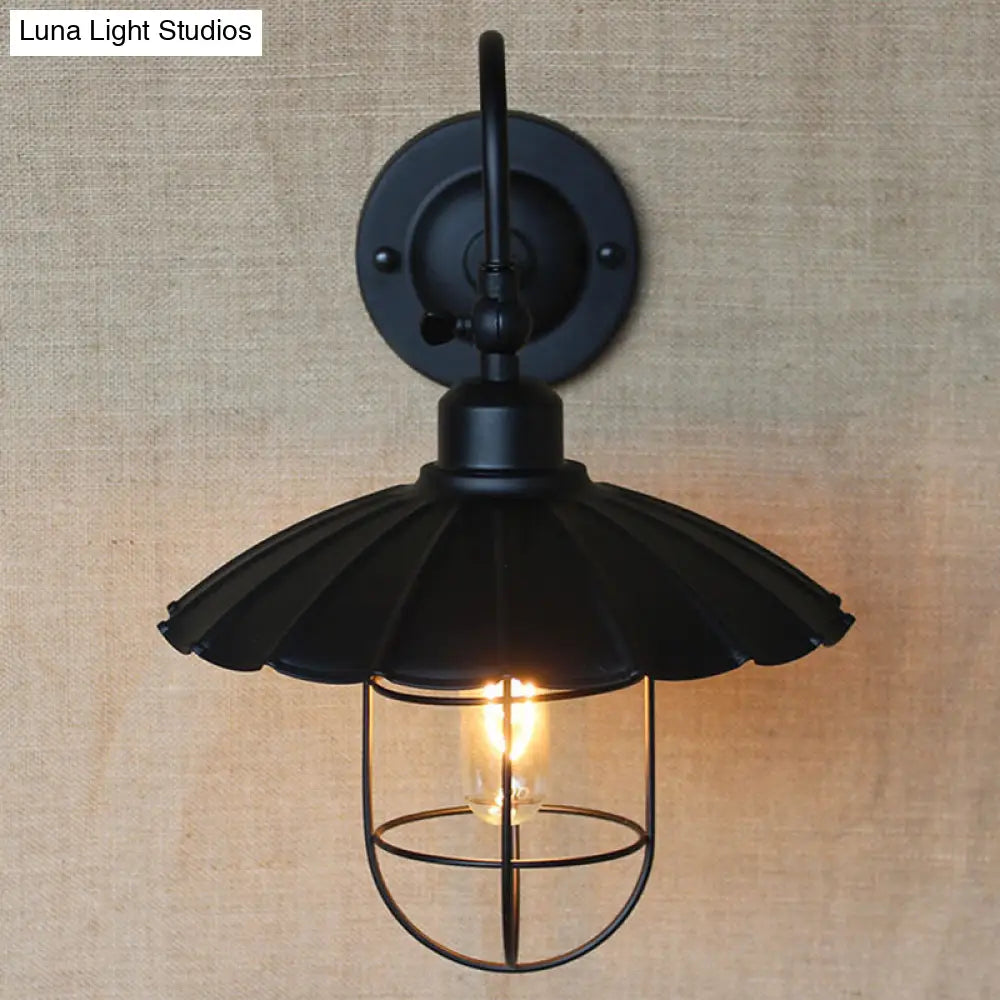 Nautical Scalloped Metal Sconce Light With Cage Shade - Wall Mounted Bedroom Lighting In Black