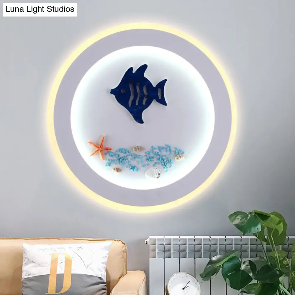 Nautical Sea Acrylic Led Circle Wall Light In Stylish White For Child Bedroom