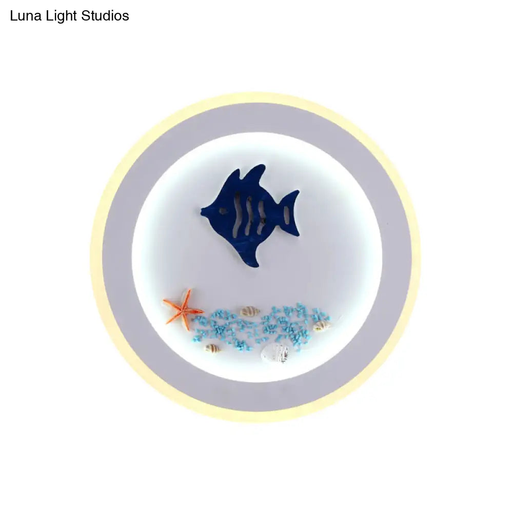 Nautical Sea Acrylic Led Circle Wall Light In Stylish White For Child Bedroom