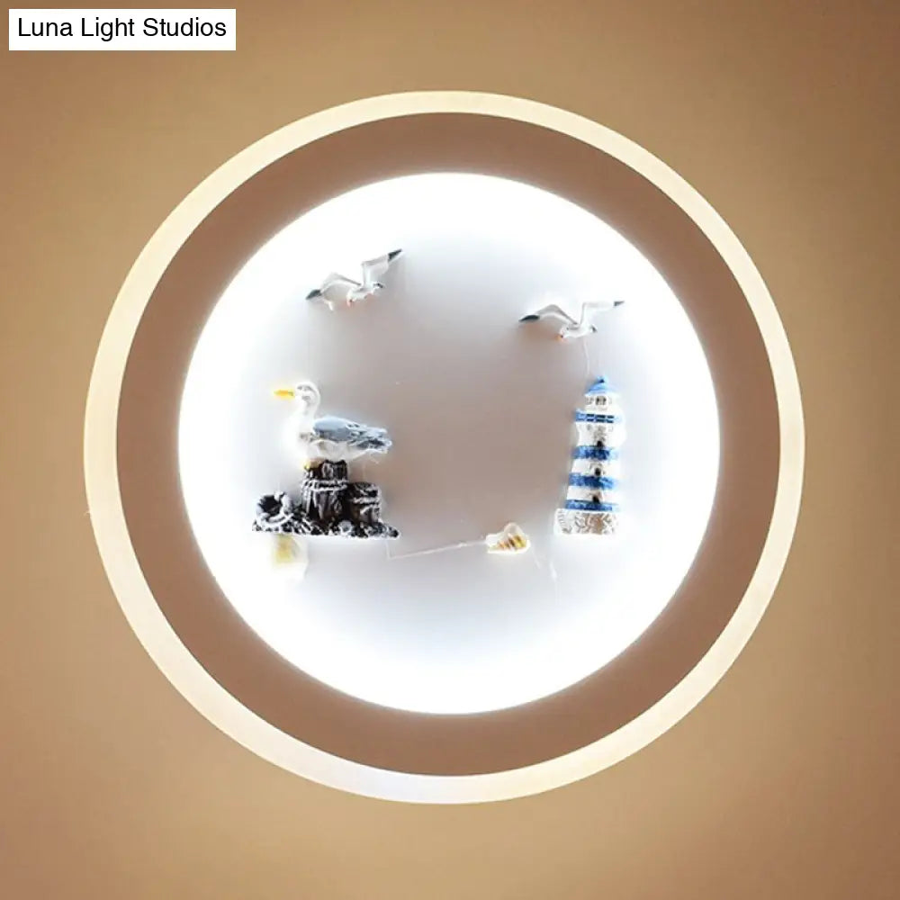 Nautical Sea Acrylic Led Circle Wall Light In Stylish White For Child Bedroom