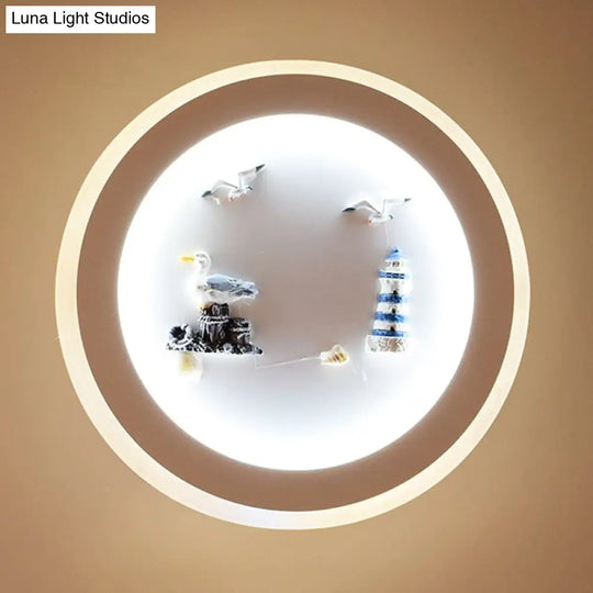 Nautical Sea Acrylic Led Circle Wall Light In Stylish White For Child Bedroom