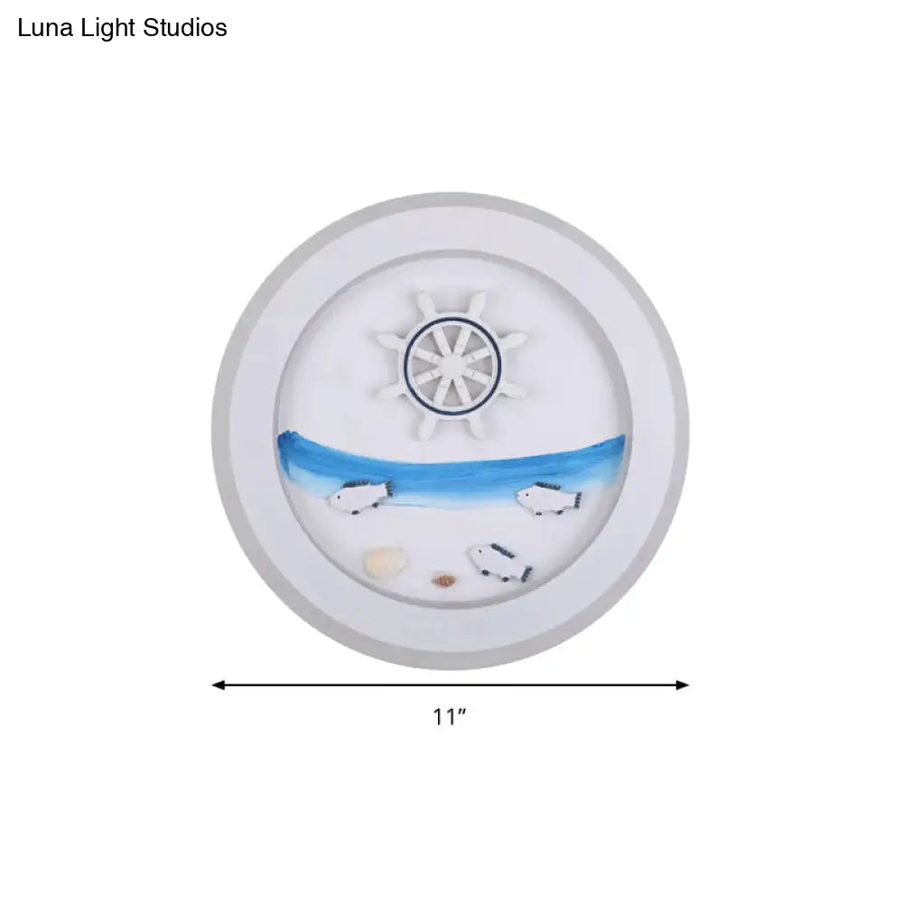 Nautical Sea Acrylic Led Circle Wall Light In Stylish White For Child Bedroom