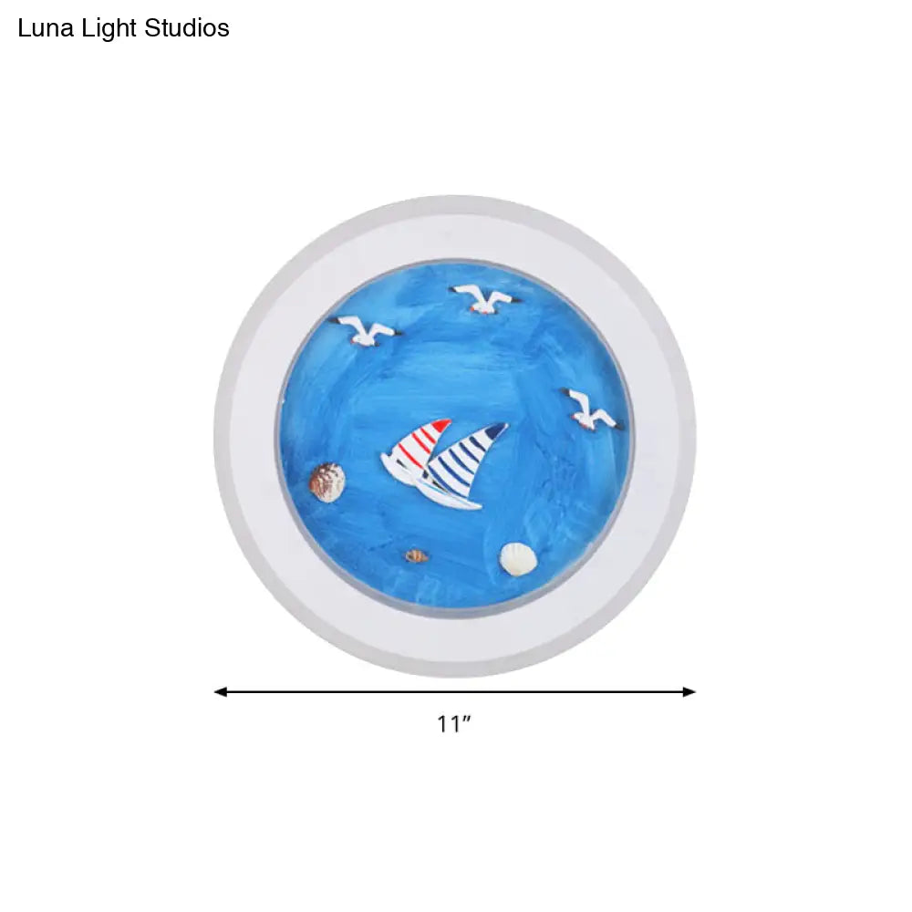 Nautical Sea Acrylic Led Circle Wall Light In Stylish White For Child Bedroom