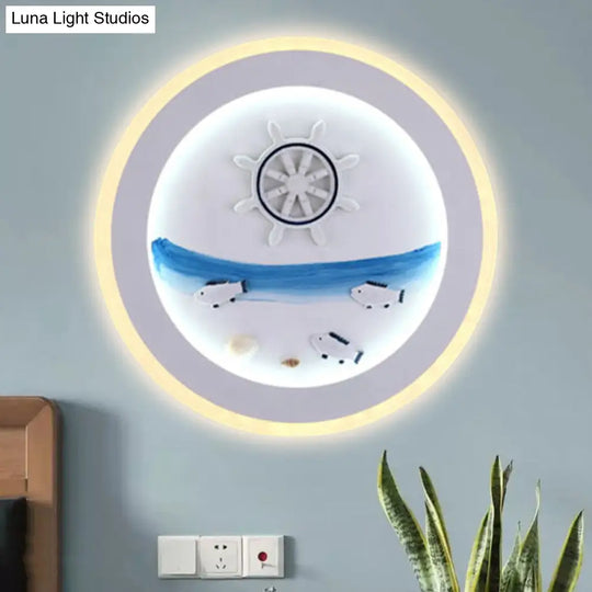 Nautical Sea Acrylic Led Circle Wall Light In Stylish White For Child Bedroom