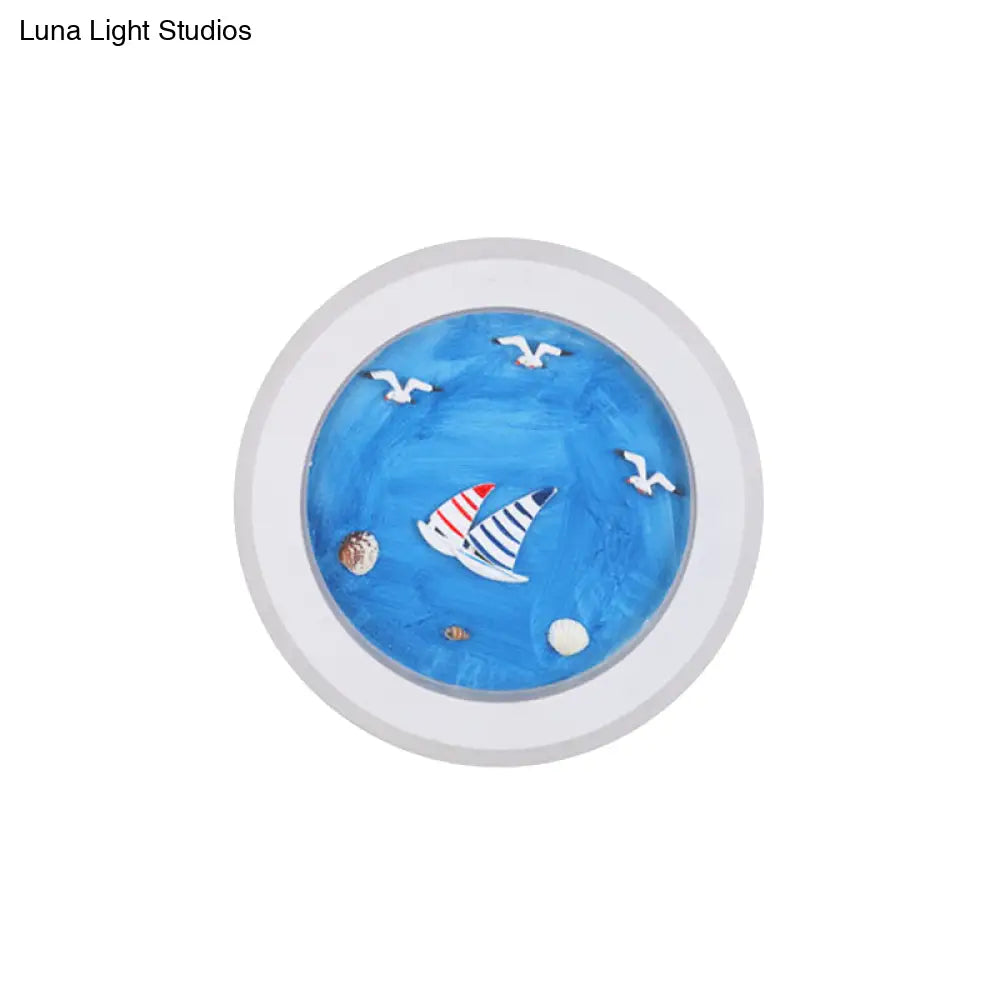 Nautical Sea Acrylic Led Circle Wall Light In Stylish White For Child Bedroom