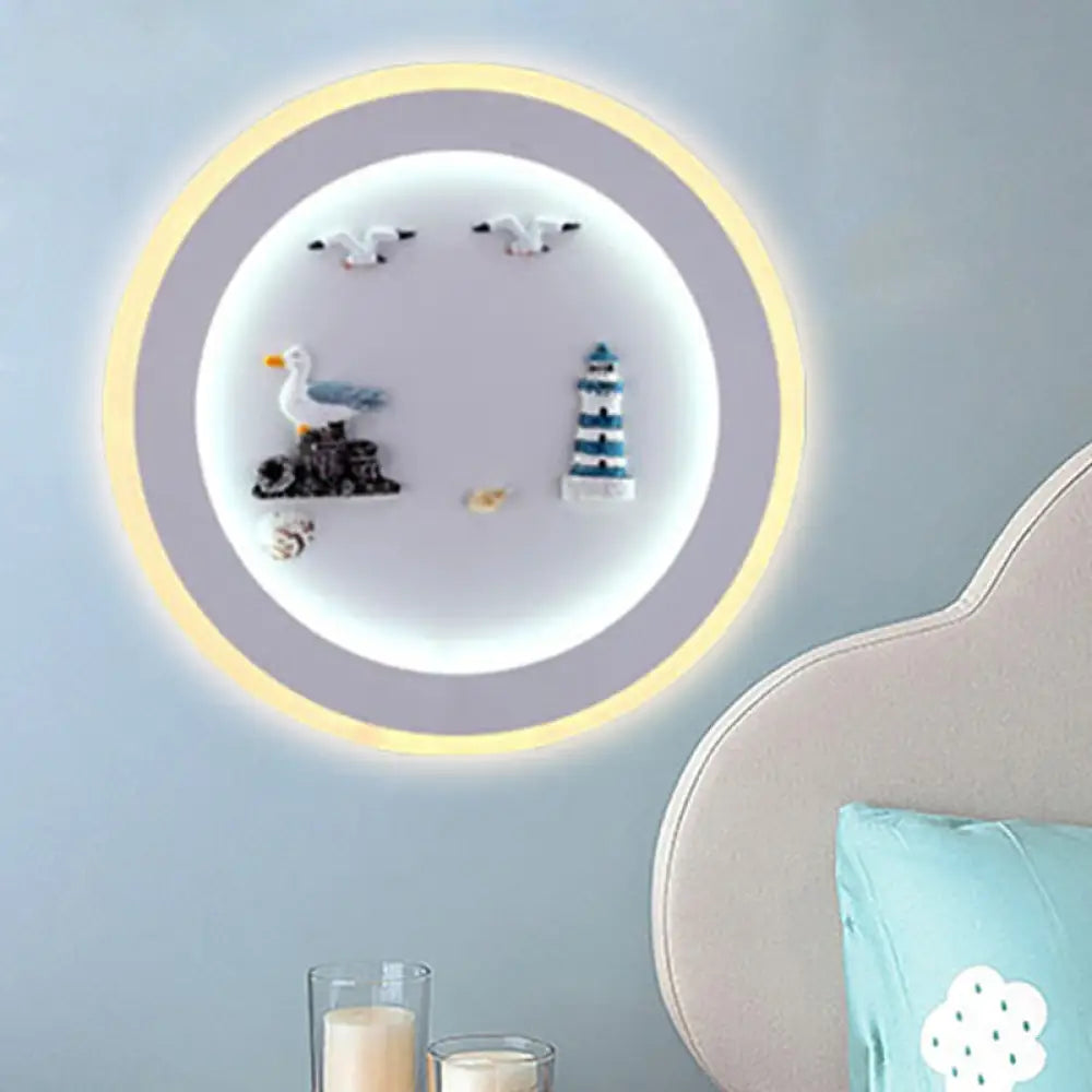 Nautical Sea Acrylic Led Circle Wall Light In Stylish White For Child Bedroom / C