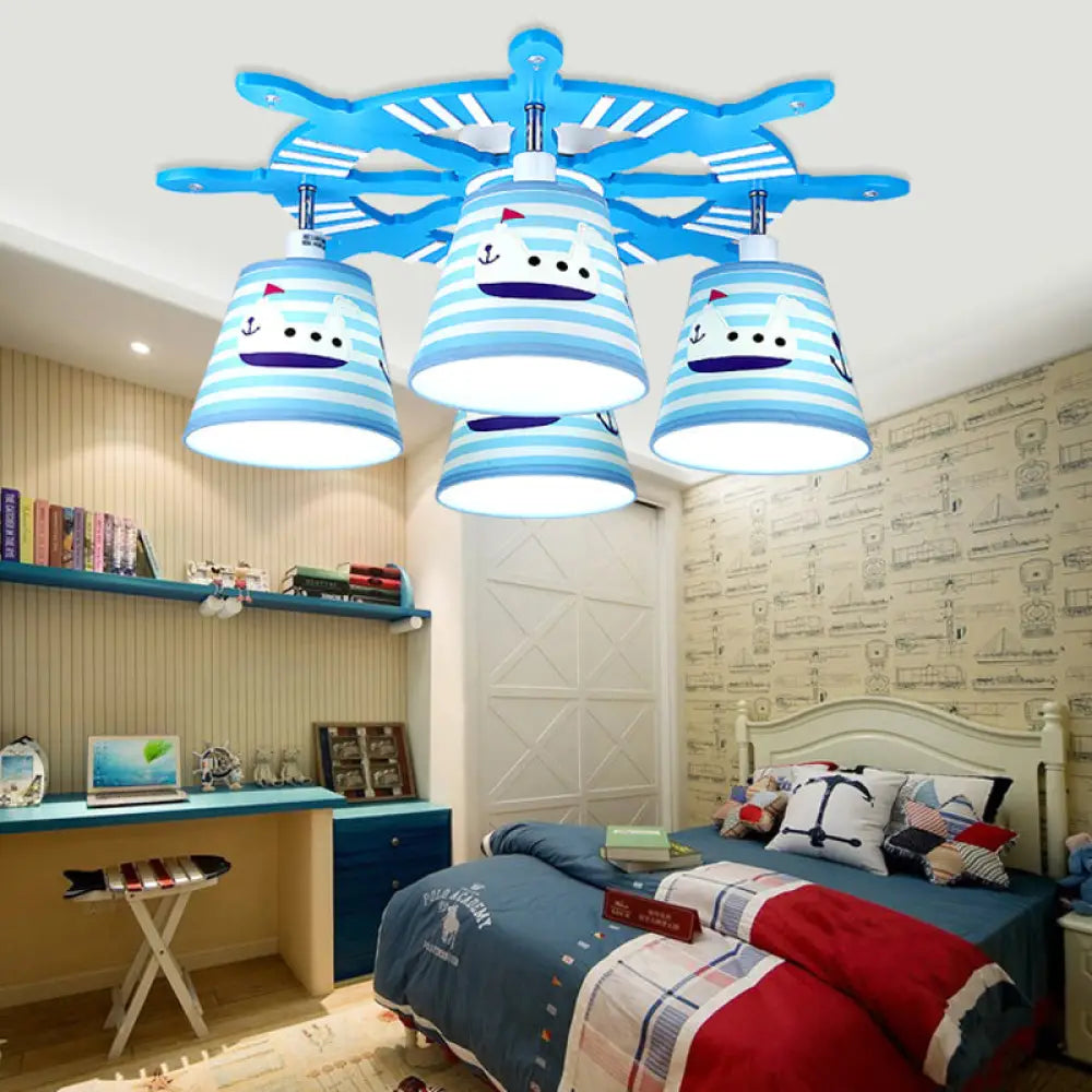 Nautical Semi - Flush Ceiling Light With 4 Wood Lights In Blue For Foyer