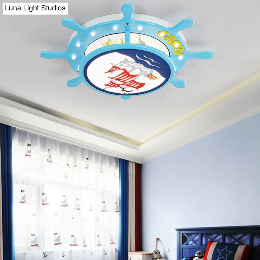 Nautical Ship Boys Bedroom Ceiling Light Blue Wood Rudder Mount / White