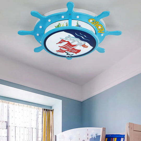 Nautical Ship Boys Bedroom Ceiling Light – Blue Wood Rudder Mount / Warm