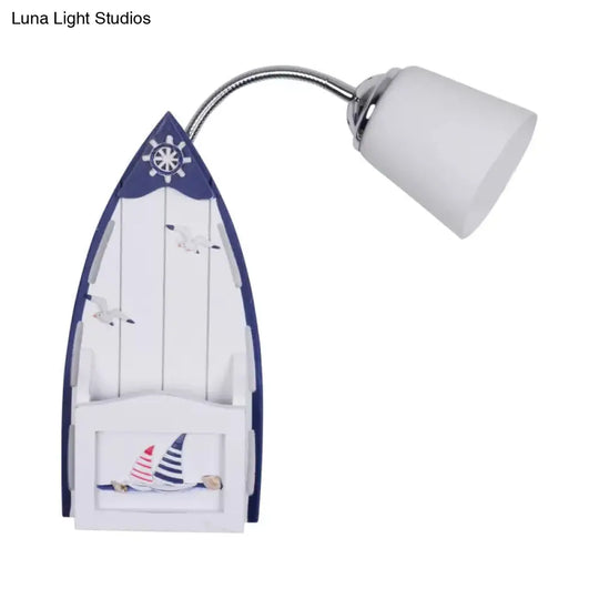 Nautical Ship Wall Light With Blue Bucket Shade - Glass Sconce For Nursing Room