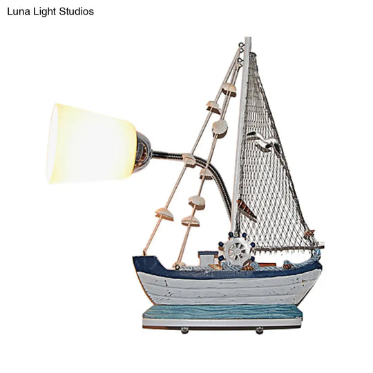 Nautical Ship Wall Light With Blue Bucket Shade - Glass Sconce For Nursing Room