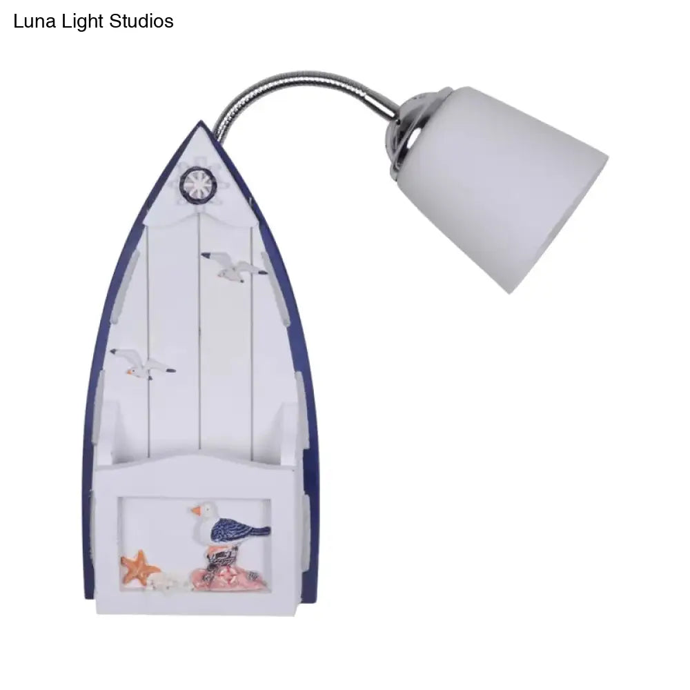 Nautical Ship Wall Light With Blue Bucket Shade - Glass Sconce For Nursing Room