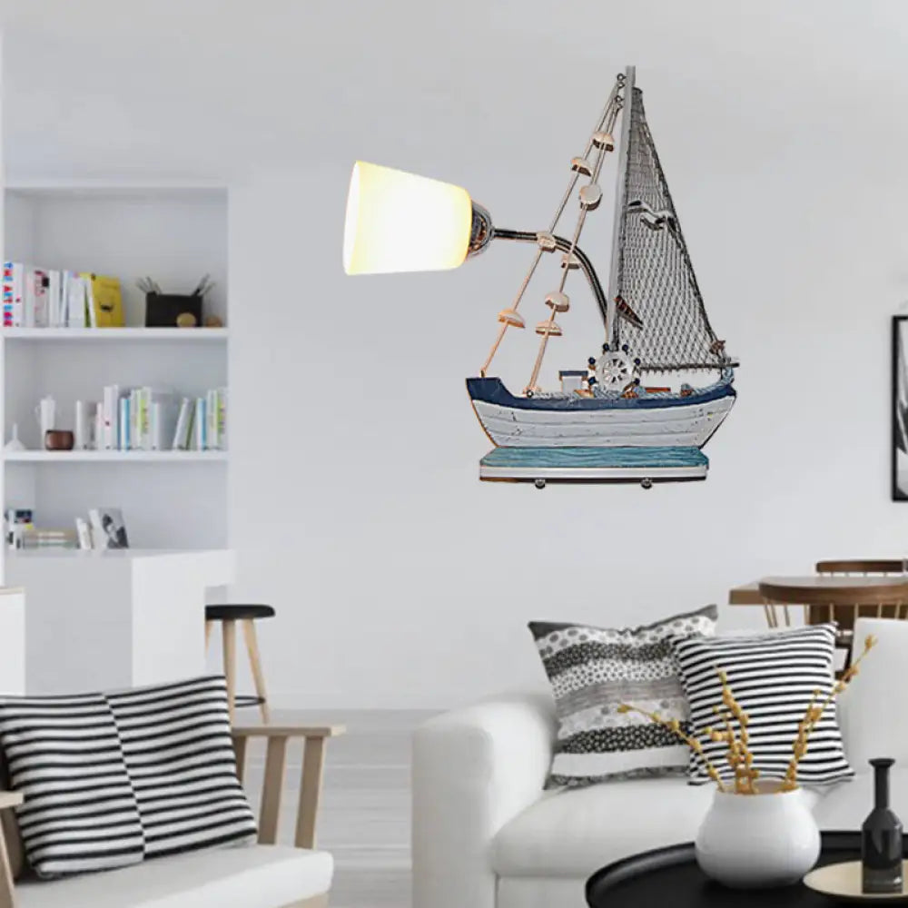 Nautical Ship Wall Light With Blue Bucket Shade - Glass Sconce For Nursing Room / Boat