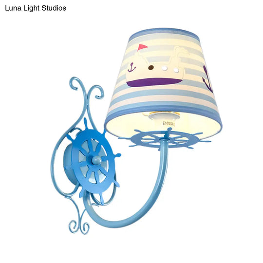 Nautical Ship Wall Light With Rudder | Blue 1-Bulb Sconce For Kids Bedroom