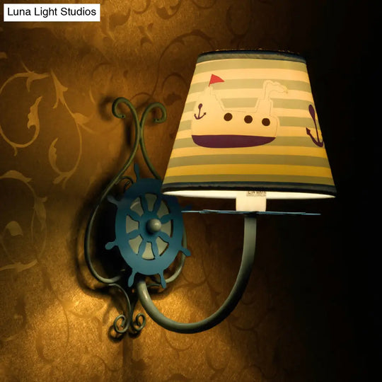 Nautical Ship Wall Light With Rudder | Blue 1-Bulb Sconce For Kids Bedroom