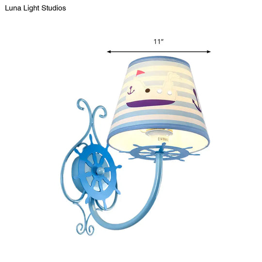 Nautical Ship Wall Light With Rudder | Blue 1-Bulb Sconce For Kids Bedroom