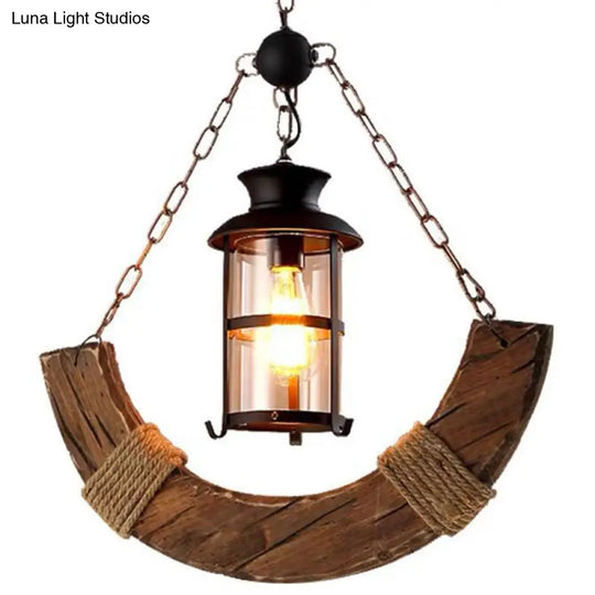 Nautical Single Bar Pendant Light With Clear Glass Cylinder And Wooden Arc Decoration