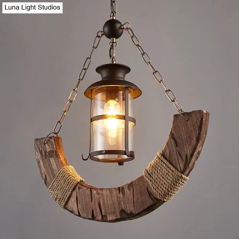 Nautical Single Bar Pendant Light With Clear Glass Cylinder And Wooden Arc Decoration