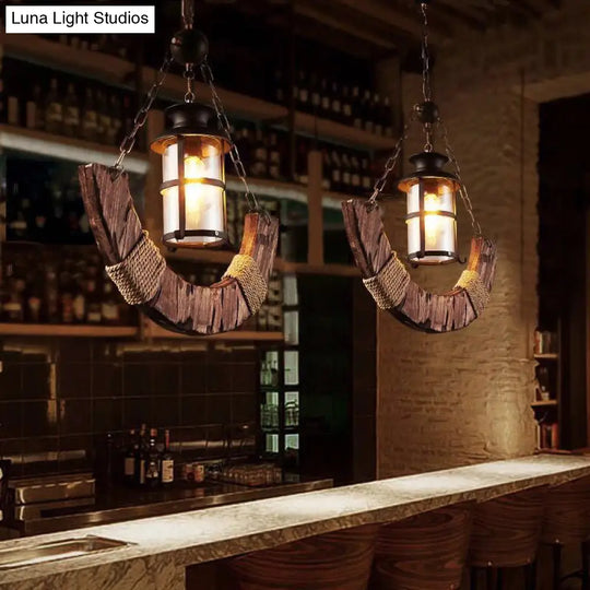 Nautical Single Bar Pendant Light With Clear Glass Cylinder And Wooden Arc Decoration