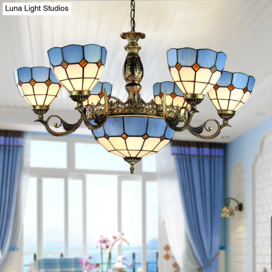 Nautical Stained Glass Dome Chandelier With Blue Pendant Lights For Living Room Ceiling