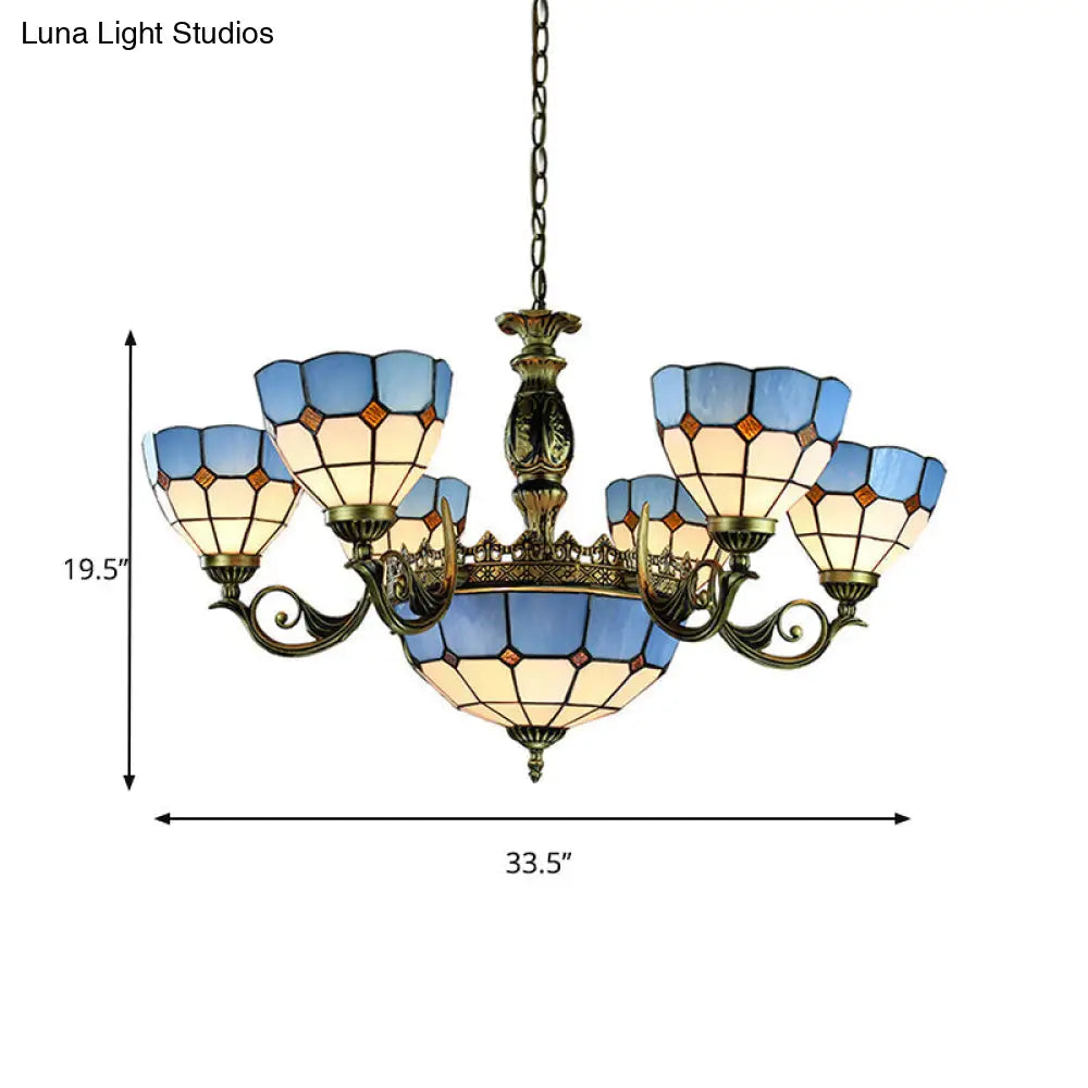 Nautical Stained Glass Dome Pendant Chandelier - Blue 9 Lights Ceiling Light For Living Room