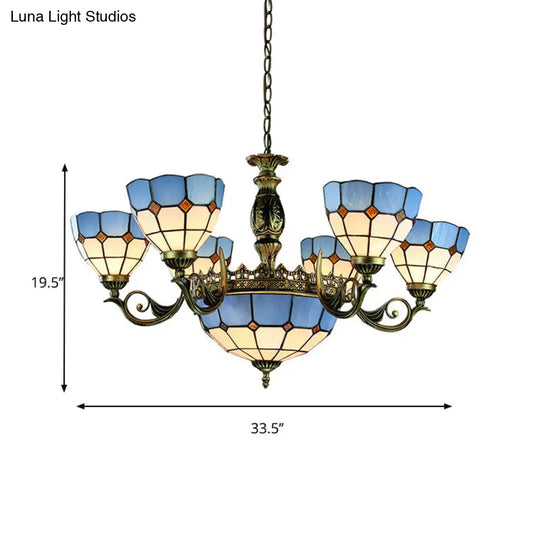 Nautical Stained Glass Dome Pendant Chandelier - Blue 9 Lights Ceiling Light For Living Room