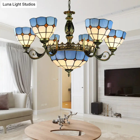 Nautical Stained Glass Dome Pendant Chandelier - Blue 9 Lights Ceiling Light For Living Room