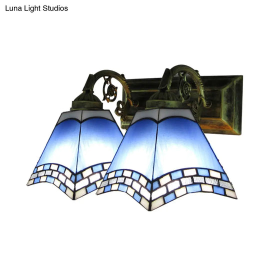 Nautical Stained Glass Vanity Light - 2 Lights Light/Dark Blue Bathroom Wall Lighting