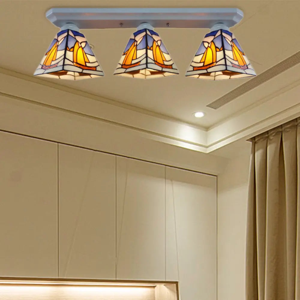 Nautical Stained Glass Vanity Lights - 3-Light Wall Fixture For Boat-Inspired Bathrooms Beige