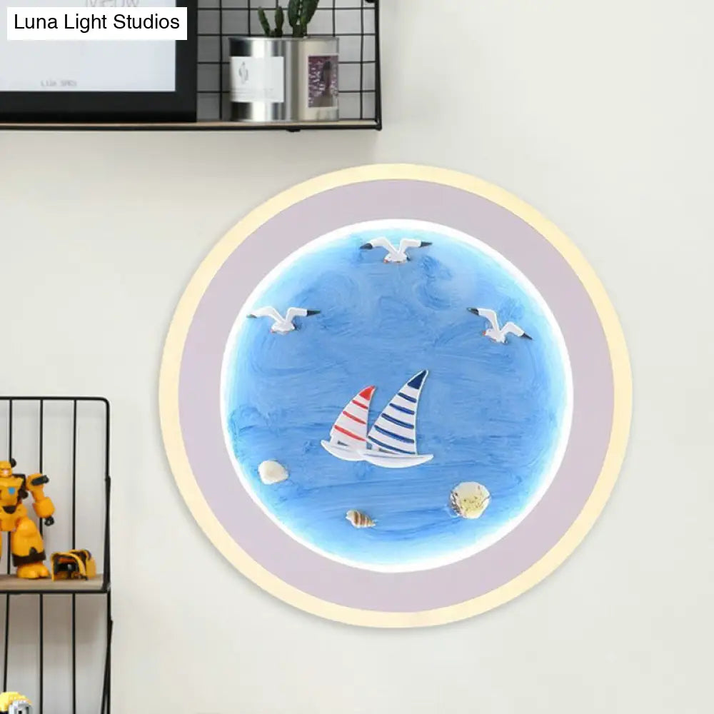 Nautical Striped Sailing Ship Led Wall Lamp For Kids Room In Blue