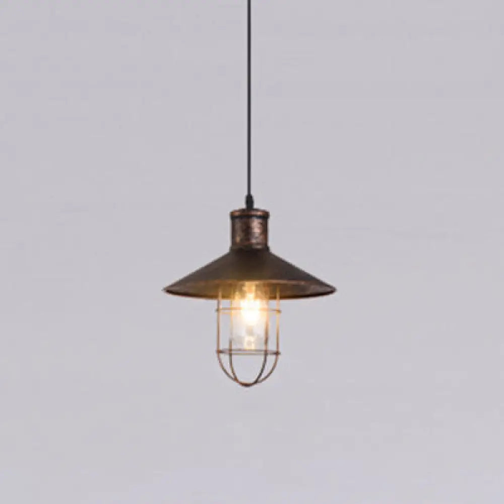 Nautical Style Cone Ceiling Light With Wire Guard - Rust/White Hanging Pendant Rust