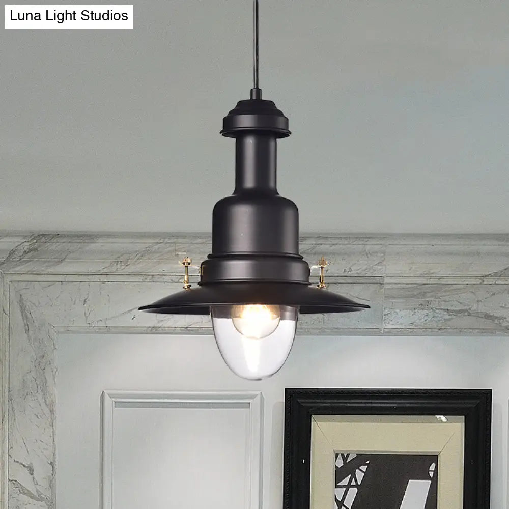 Nautical Style Flat Shade Pendant Lamp - 1 Light Metallic Suspended Black/White Finish For Kitchen