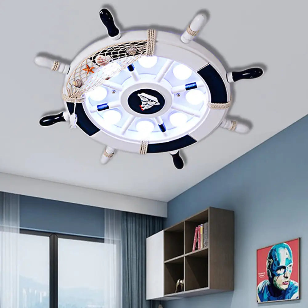 Nautical Style Flush Mount Light With Rudder Shape - 8 Lights Metal Ceiling Lamp For Nursing Room