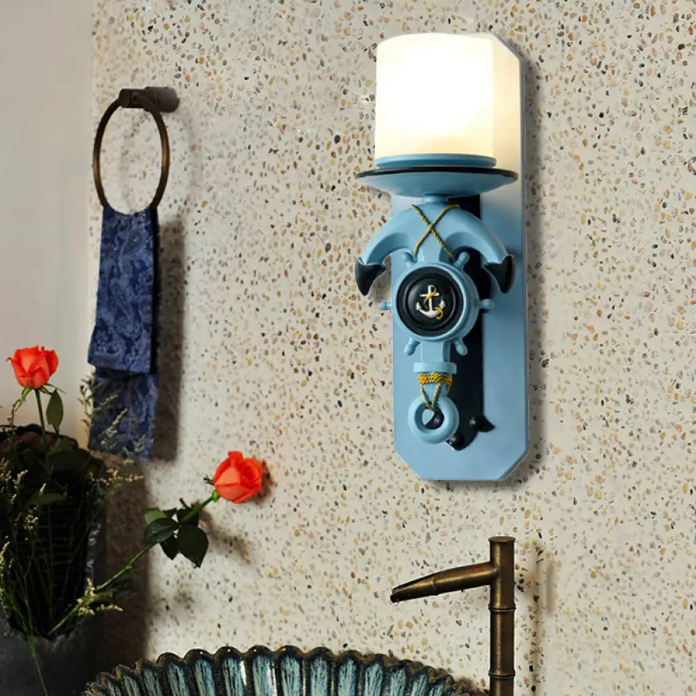 Nautical Style Indoor Wall Sconce Lamp With Anchor Design And Opal Glass Shade Blue