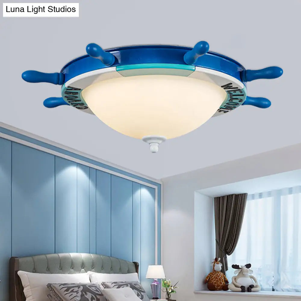 Nautical Style Led Flushmount Light With Blue Milk Glass Shade For Bedroom