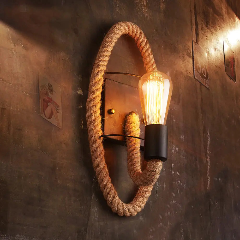 Nautical Style Rope Wall Sconce Lighting - Black Finish Round/Oval Shape 1 Light / Oval