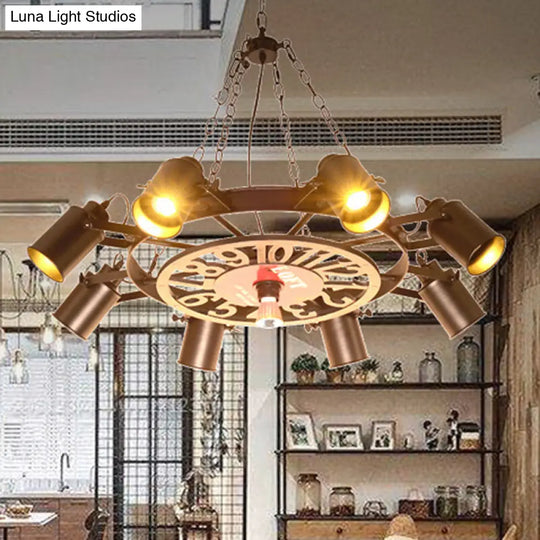 Nautical Vintage Industrial Chandelier: Black Wrought Iron Wheel-Shaped Hanging Light Fixture For
