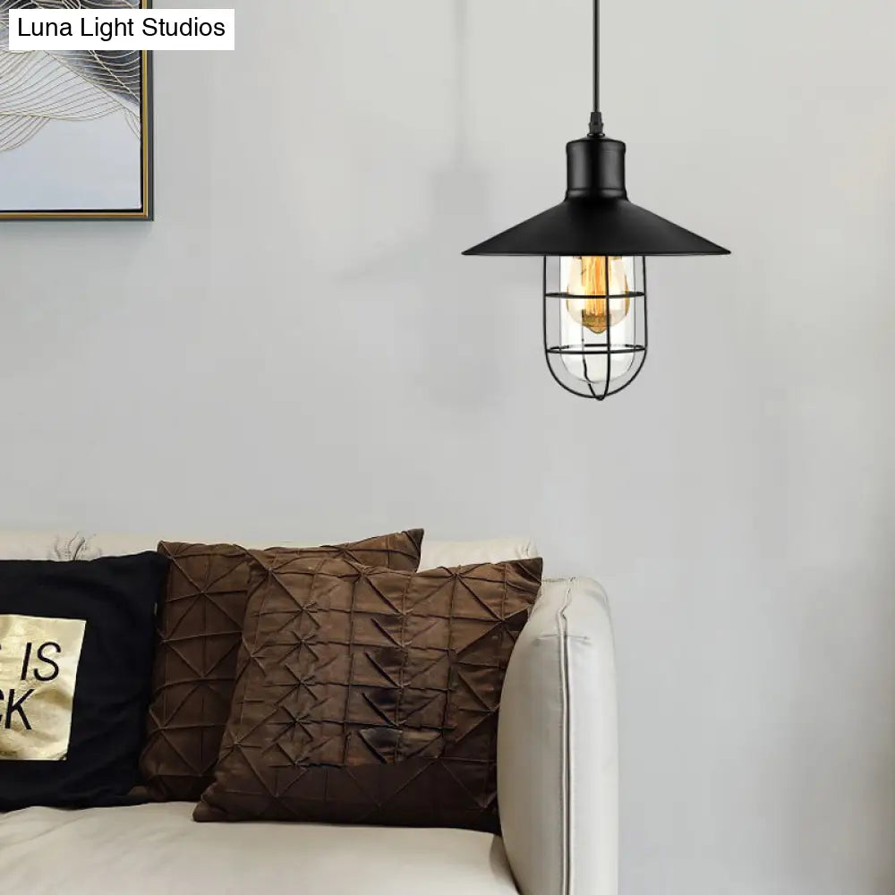 Nautical Style Cone Metal Pendant Light With Wire Guard - 1 Bulb Black Finish 3 Sizes (10.5 11 14.5)